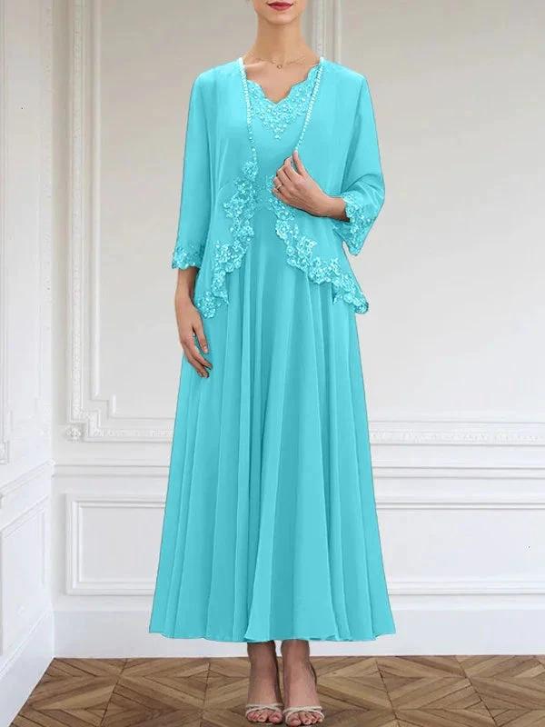 A-line V-Neck Ankle-Length Chiffon Mother of the Bride Dress With Sequins Appliques Lace Beading by Dreamylily