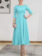A-line Scoop Illusion Tea-Length Chiffon Lace Mother of the Bride Dress With Beading Sequins by Dreamylily