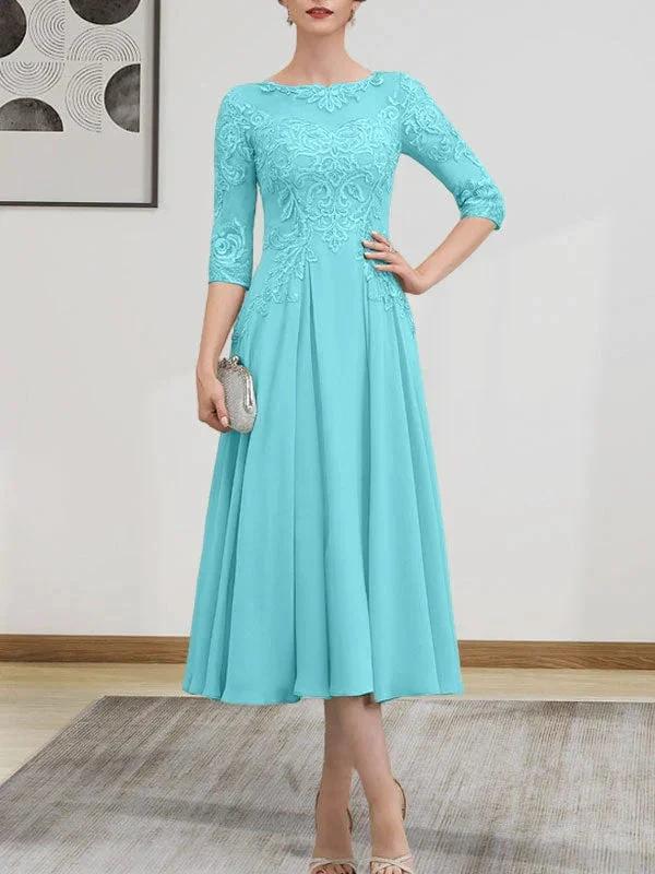 A-line Scoop Illusion Tea-Length Chiffon Lace Mother of the Bride Dress With Beading Sequins by Dreamylily