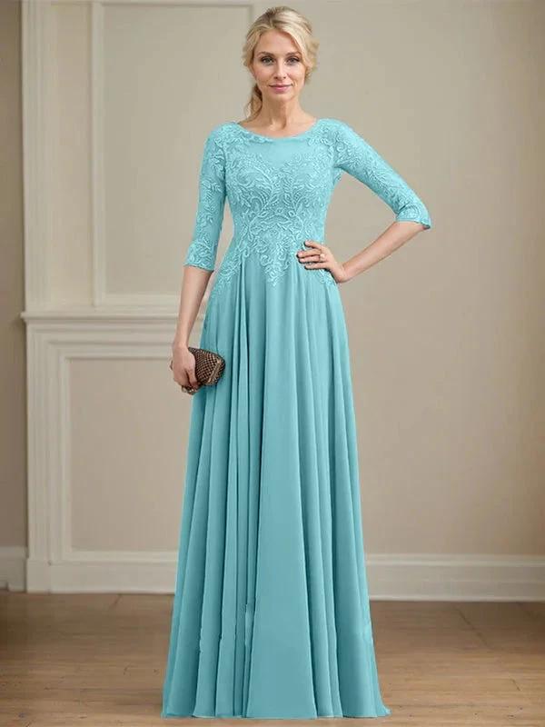 A-line Scoop Illusion Floor-Length Lace Chiffon Mother of the Bride Dress With Sequins by Dreamylily