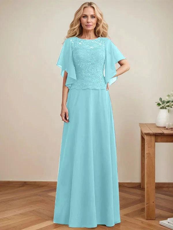 A-line Scoop Illusion Floor-Length Lace Chiffon Mother of the Bride Dress With Sequins by Dreamylily