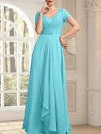 A-line Sweetheart Floor-Length Chiffon Lace Mother of the Bride Dress With Beading Cascading Ruffles by Dreamylily