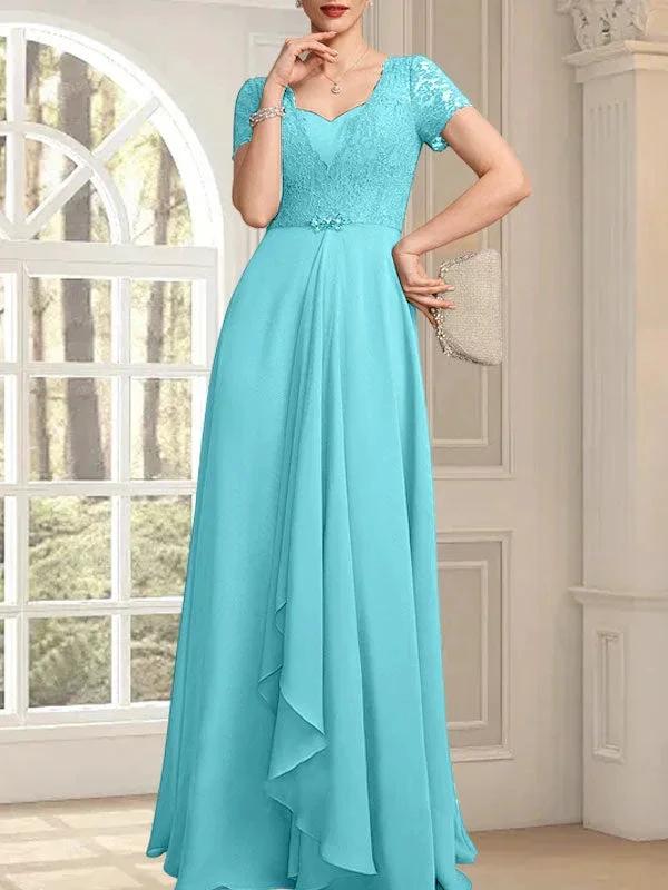 A-line Sweetheart Floor-Length Chiffon Lace Mother of the Bride Dress With Beading Cascading Ruffles by Dreamylily