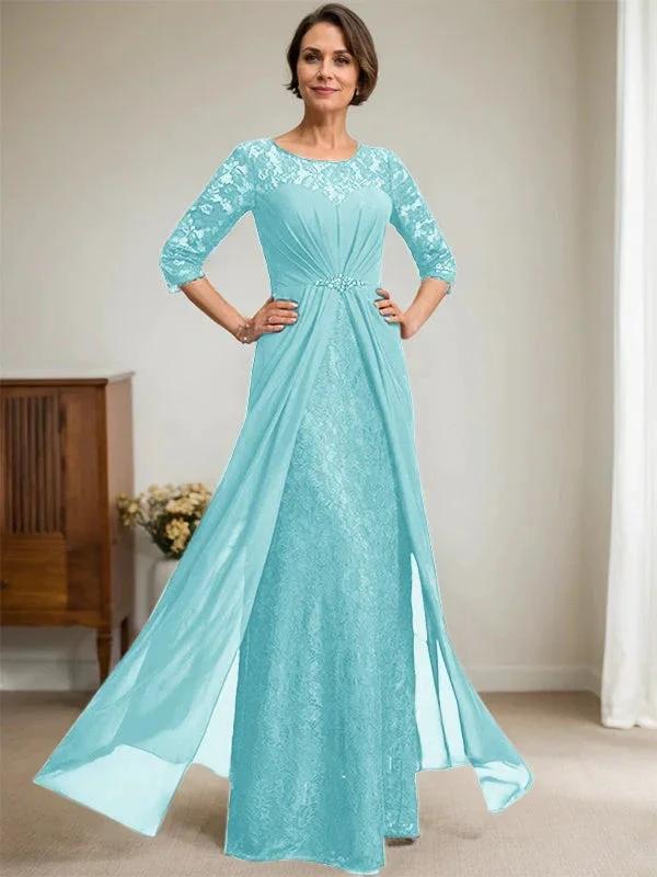 A-Line Scoop Illusion Floor-Length Lace Chiffon Mother Of the Bride Dress With Beading Ruffles by Dreamylily