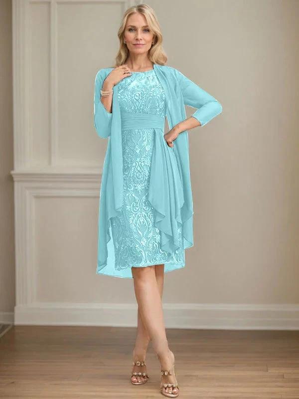 Sheath/Column Scoop Illusion Knee-Length Lace Chiffon Mother of the Bride Dress With Cascading Ruffles Sequins by Dreamylily