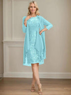 Sheath/Column Scoop Illusion Knee-Length Lace Chiffon Mother of the Bride Dress With Cascading Ruffles Sequins by Dreamylily