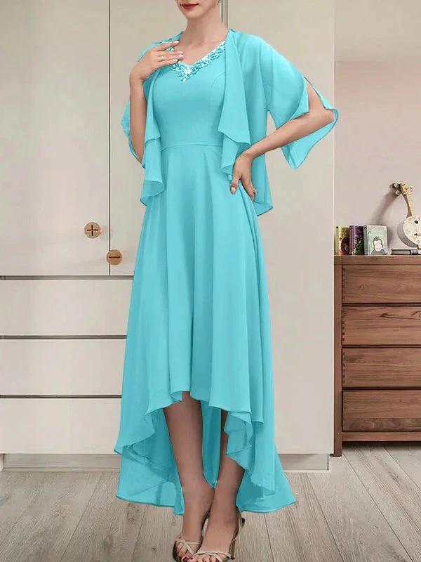 A-line V-Neck Asymmetrical Chiffon Mother of the Bride Dress With Beading Sequins by Dreamylily