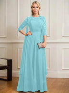 A-line Scoop Illusion Floor-Length Lace Chiffon Mother of the Bride Dress With Pleated by Dreamylily