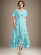A-line V-Neck Asymmetrical Lace Chiffon Mother of the Bride Dress With Pleated by Dreamylily
