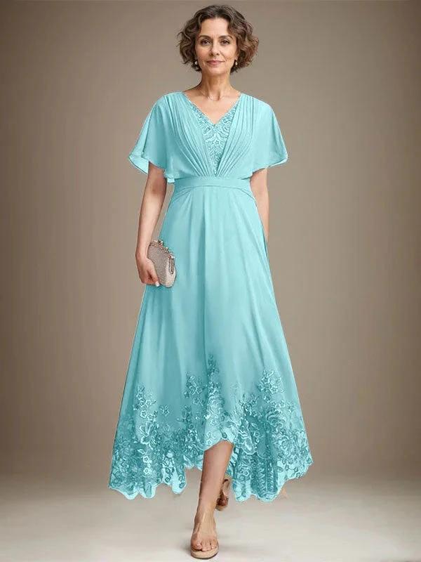 A-line V-Neck Asymmetrical Lace Chiffon Mother of the Bride Dress With Pleated by Dreamylily