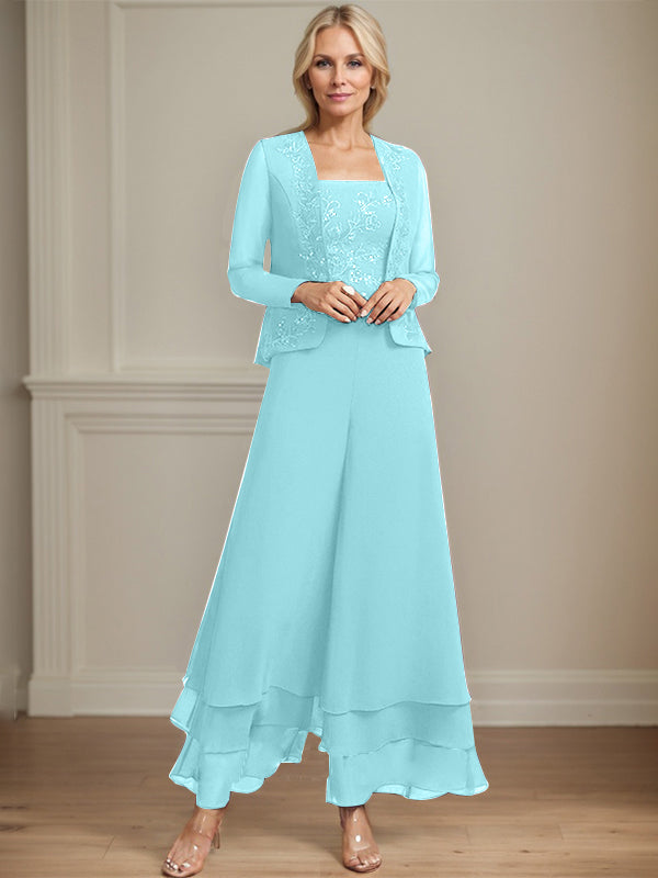 Separates Jumpsuit/Pantsuit Square Ankle-Length Lace Chiffon Mother of the Bride Dress With Sequins