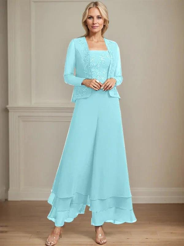 Separates Jumpsuit/Pantsuit Square Ankle-Length Lace Chiffon Mother of the Bride Dress With Sequins by Dreamylily