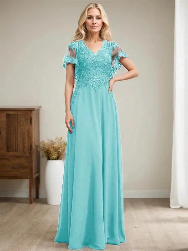 A-line V-Neck Floor-Length Lace Chiffon Mother of the Bride Dress With Sequins by Dreamylily