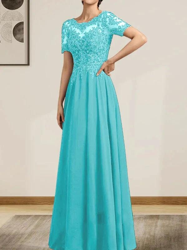 A-line Scoop Illusion Floor-Length Chiffon Lace Mother of the Bride Dress With Sequins Beading by Dreamylily