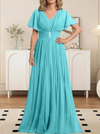 A-line V-Neck Floor-Length Chiffon Mother of the Bride Dress With Crystal Brooch Pleated by Dreamylily
