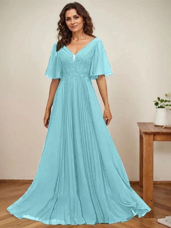 A-line V-Neck Floor-Length Chiffon Mother of the Bride Dress With Sequins Appliques Lace Pleated by Dreamylily