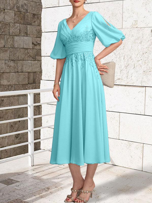 A-line V-Neck Tea-Length Lace Chiffon Mother of the Bride Dress With Pleated by Dreamylily