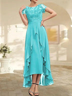 A-line Scoop Illusion Asymmetrical Chiffon Lace Mother of the Bride Dress With Bow Ruffle Sequins by Dreamylily