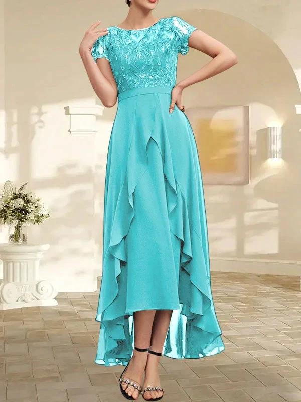 A-line Scoop Illusion Asymmetrical Chiffon Lace Mother of the Bride Dress With Bow Ruffle Sequins by Dreamylily