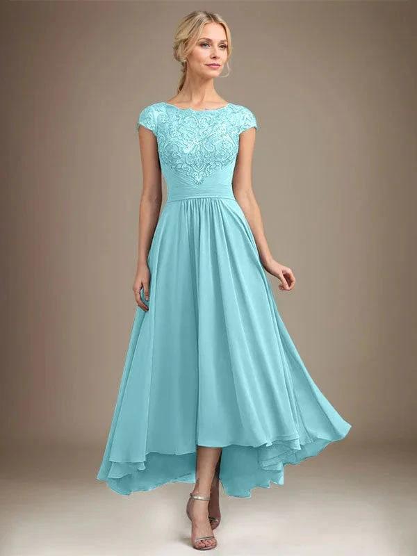 A-line Scoop Illusion Asymmetrical Lace Chiffon Mother of the Bride Dress With Pleated by Dreamylily