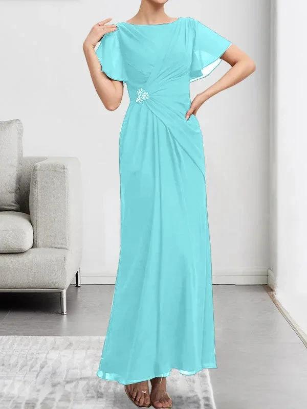 A-line Scoop Ankle-Length Chiffon Mother of the Bride Dress With Beading Pleated by Dreamylily