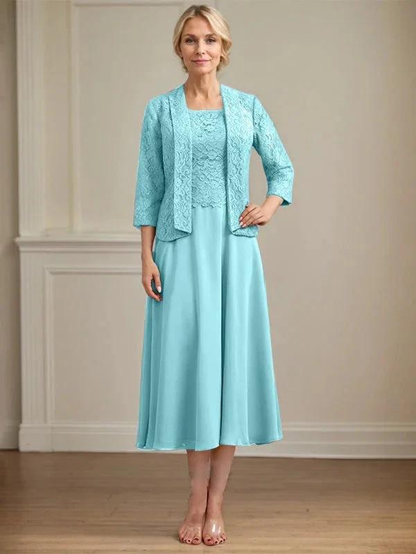 A-line Scoop Tea-Length Lace Chiffon Mother of the Bride Dress by Dreamylily