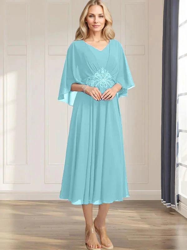 A-line V-Neck Tea-Length Chiffon Mother of the Bride Dress With Pleated Sequins Appliques Lace Beadind by Dreamylily