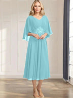 A-line V-Neck Tea-Length Chiffon Mother of the Bride Dress With Pleated Sequins Appliques Lace Beadind by Dreamylily
