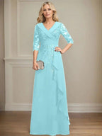 A-line Collared V-Neck Floor-Length Lace Chiffon Mother of the Bride Dress With Sequins Cascading Ruffles by Dreamylily