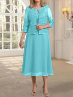 A-line Scoop Tea-Length Lace Chiffon Mother of the Bride Dress With Sequins by Dreamylily