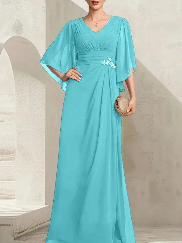 Sheath/Column V-Neck Floor-Length Chiffon Mother of the Bride Dress With Pleated Sequins Beading by Dreamylily