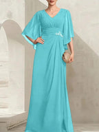 Sheath/Column V-Neck Floor-Length Chiffon Mother of the Bride Dress With Pleated Sequins Beading by Dreamylily