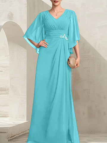 Vestido de gasa para madre de la novia, con escote en V, largo hasta el suelo, con lentejuelas plisadas y abalorios