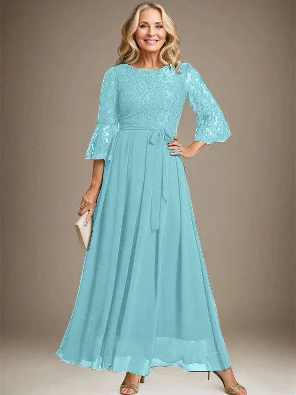 A-line Scoop Ankle-Length Lace Chiffon Mother of the Bride Dress With Bow by Dreamylily