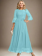 A-line Scoop Ankle-Length Lace Chiffon Mother of the Bride Dress With Bow by Dreamylily
