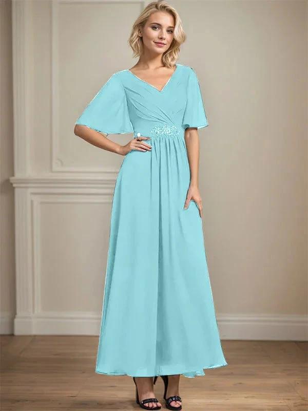 A-line V-Neck Ankle-Length Chiffon Mother of the Bride Dress With Pleated Beading Sequins by Dreamylily