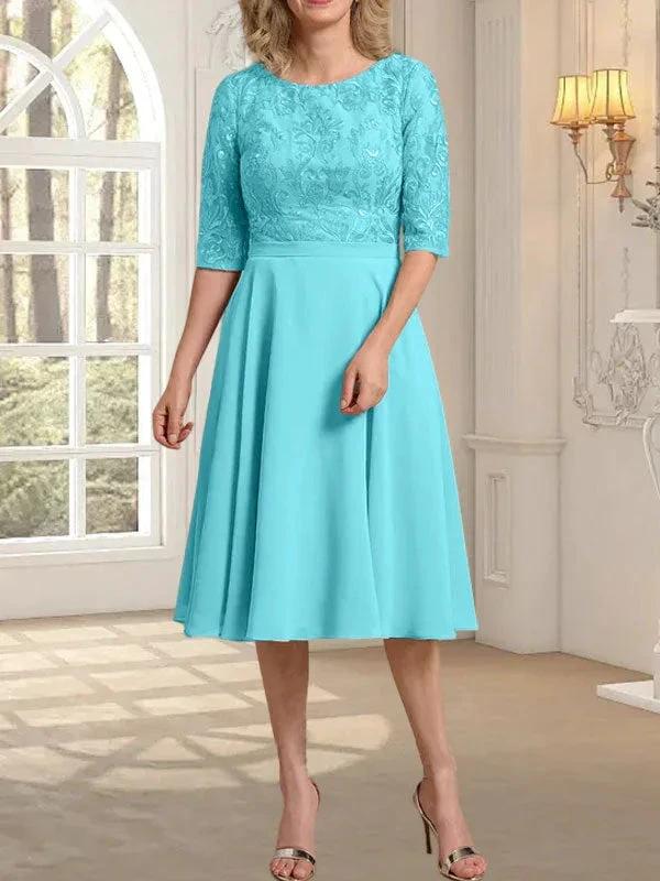 A-line Scoop Knee-Length Lace Chiffon Mother of the Bride Dress by Dreamylily