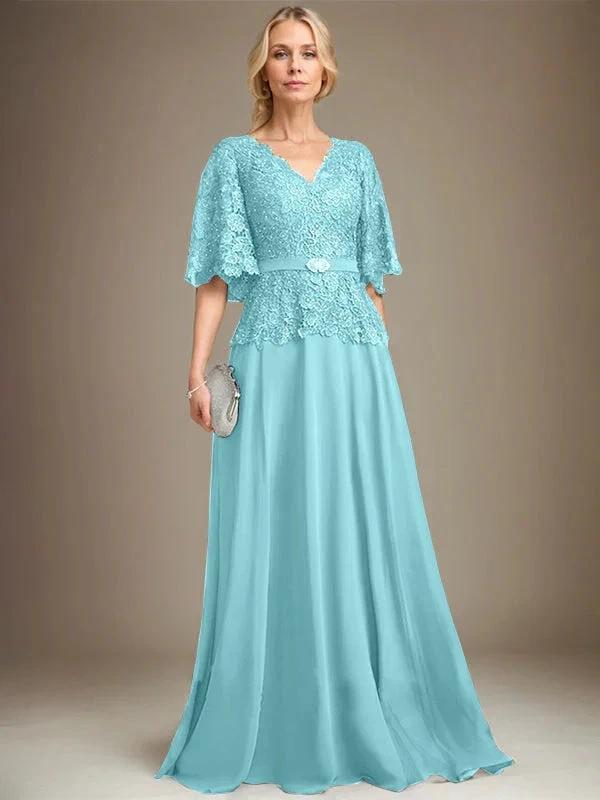 A-line V-Neck Floor-Length Chiffon Lace Mother of the Bride Dress With Crystal Brooch Rhinestone by Dreamylily