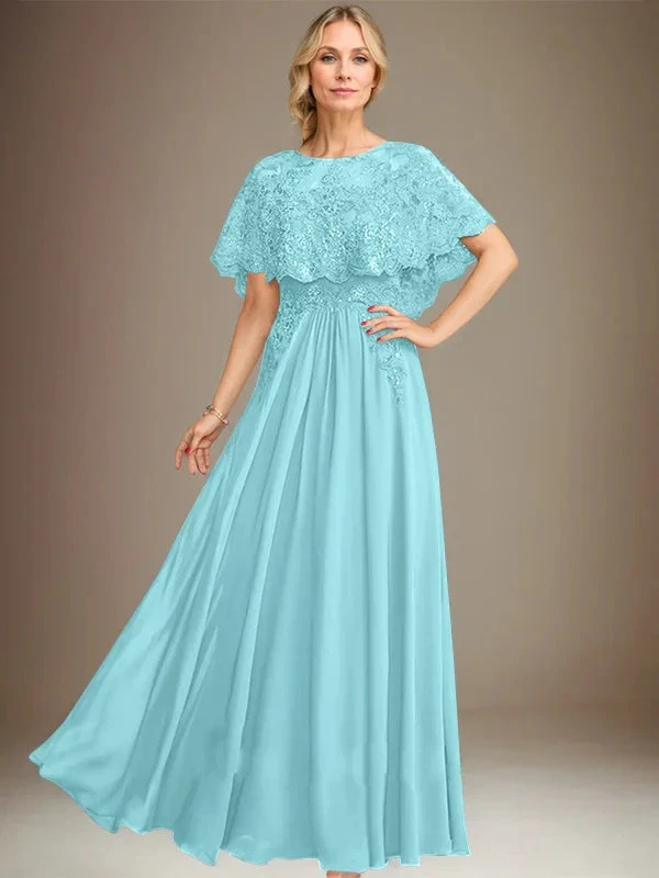 A-line Boat Neck Floor-Length Lace Chiffon Mother of the Bride Dress With Applique Sequins by Dreamylily