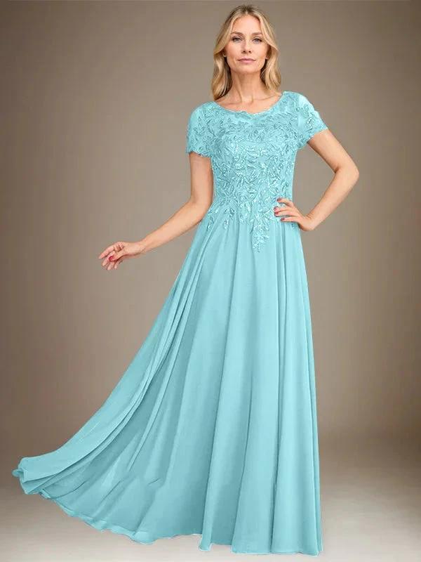 A-Line Scoop Floor-Length Chiffon Mother of the Bride Dress With Applique & Sequins by Dreamylily