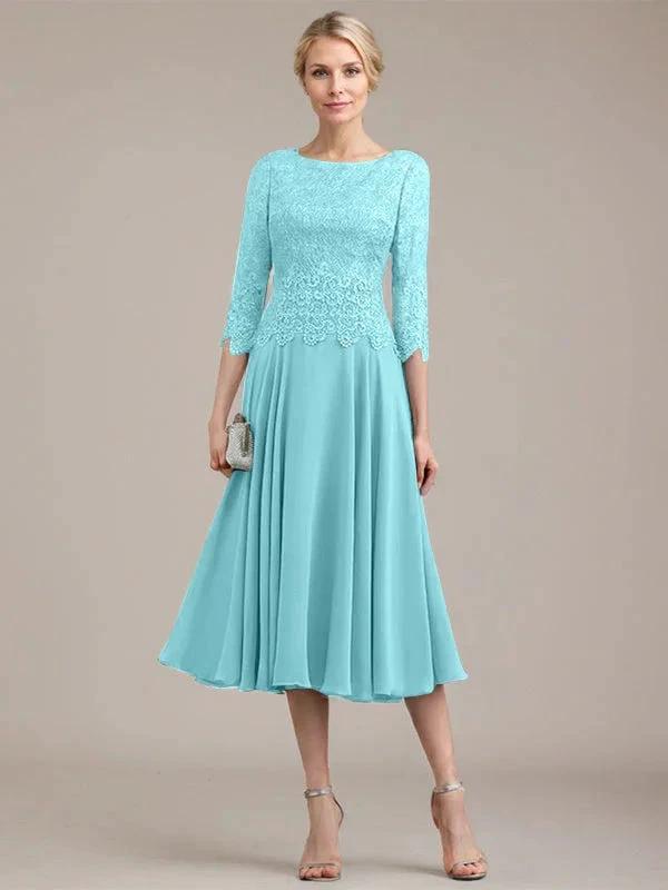 A-line Scoop Tea-Length Lace Chiffon Mother of the Bride Dress by Dreamylily