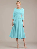 A-line Scoop Tea-Length Lace Chiffon Mother of the Bride Dress by Dreamylily