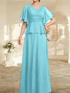 A-line V-Neck Floor-Length Chiffon Mother of the Bride Dress With Pleated Beading by Dreamylily