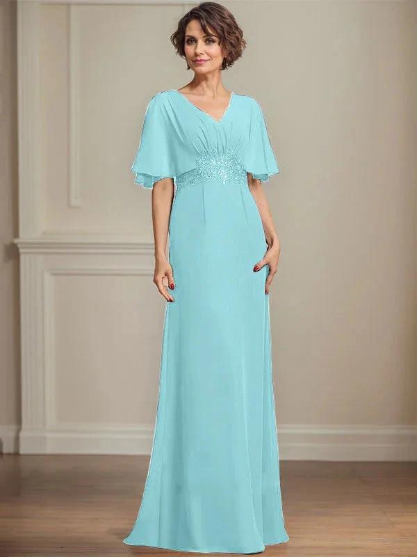 A-line V-Neck Floor-Length Chiffon Mother of the Bride Dress With Pleated Sequins Appliques Lace by Dreamylily