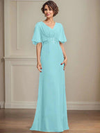A-line V-Neck Floor-Length Chiffon Mother of the Bride Dress With Pleated Sequins Appliques Lace by Dreamylily