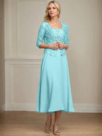 A-line Square Tea-Length Chiffon Lace Mother of the Bride Dress With Sequins Beading by Dreamylily