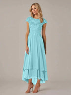 A-line Boat Neck Illusion Asymmetrical Chiffon Lace Mother of the Bride Dress With Applique Pleats by Dreamylily