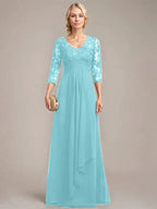 A-line V-Neck Floor-Length Lace Chiffon Mother of the Bride Dress With Cascading Ruffles Sequins by Dreamylily
