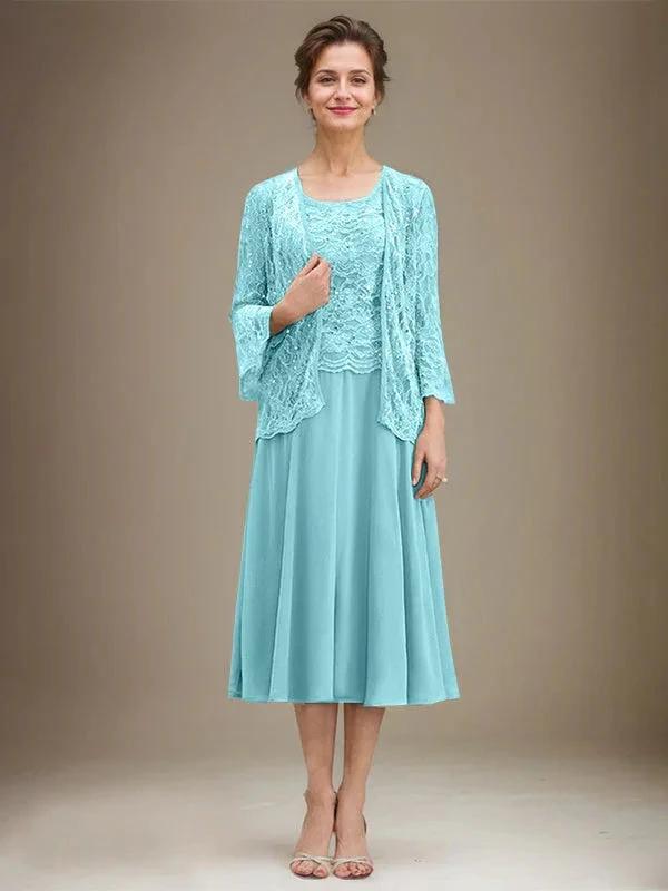 A-line Scoop Tea-Length Lace Chiffon Mother of the Bride Dress With Sequins by Dreamylily