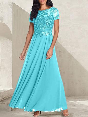 Vestido largo de madre de la novia con escote redondo, corte A, color gris carbón y cuentas